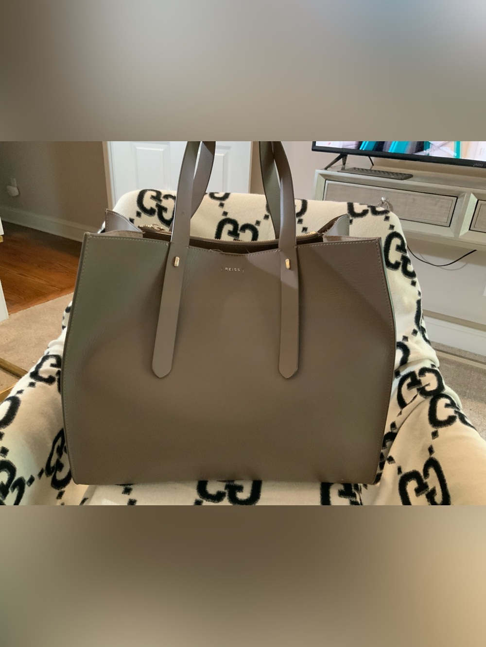 REISS Taupe Leather Tote with Gold Accent